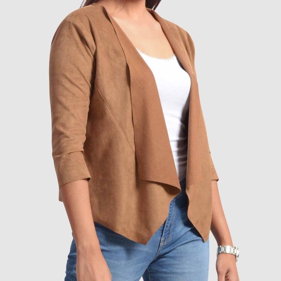 OLGYN Women's 3/4 Sleeve Shrug Camel Cardigan - Picture 3 of 4